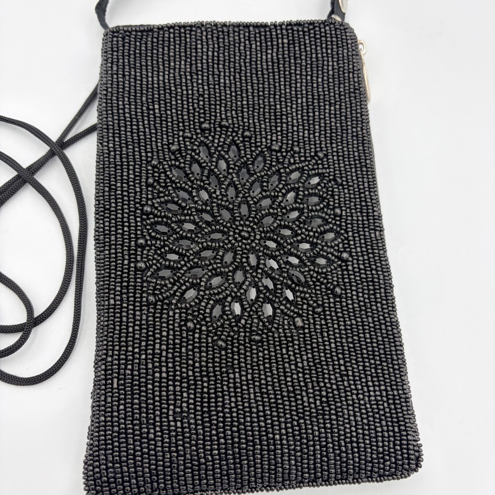 Bamboo Trading Company Black Beaded Mandala Phone Crossbody Bag Wristlet India